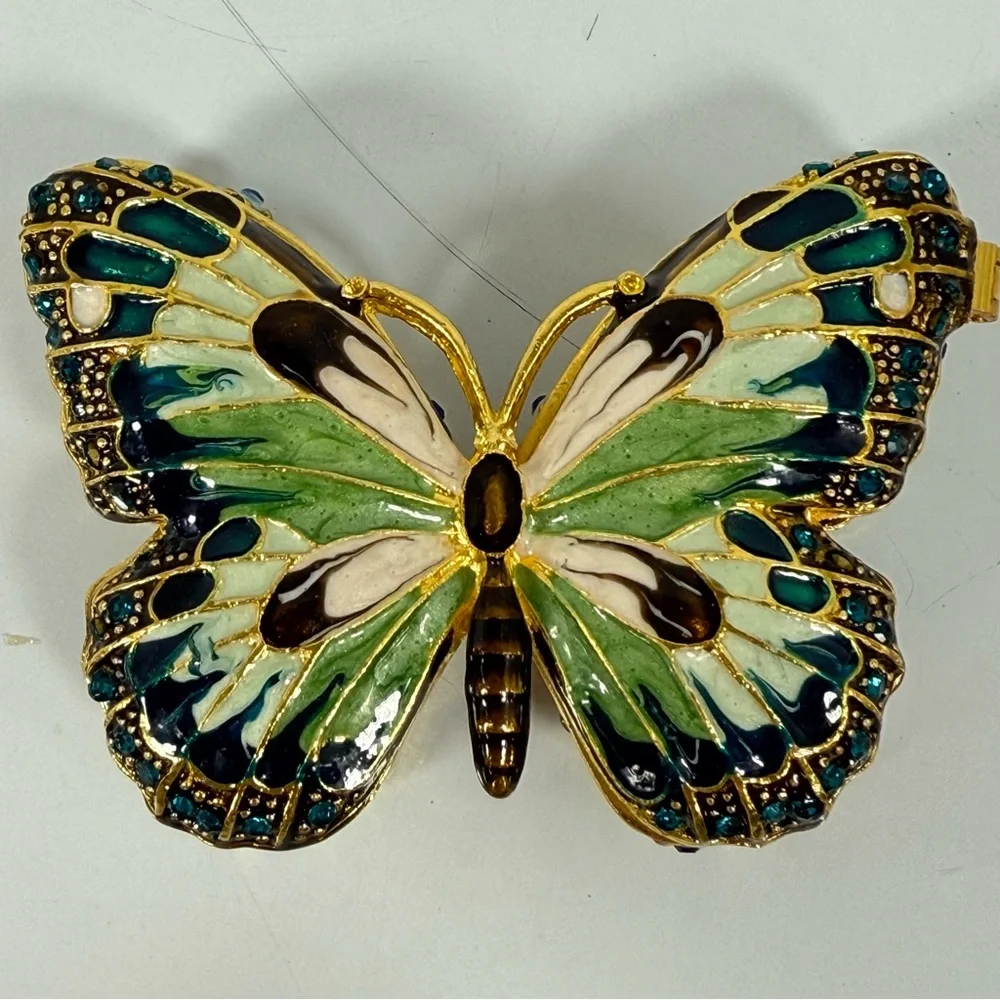 Gold-Tone Butterfly Enamel Magnet Hinged Trinket Box in‎ Green and Teal